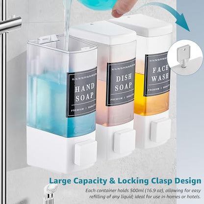 Shampoo and Conditioner Dispenser for Shower,3 Chamber,White | Wall Mounted, No Drill, 3×16.9oz,ABS Plastic Material,Refillable With Labels, For Bathroom Hotel - color: White