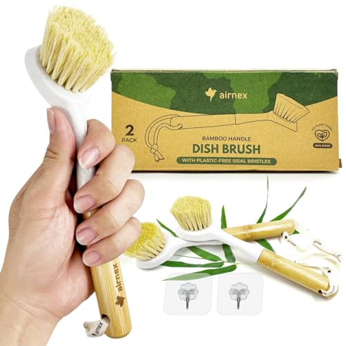 AIRNEX Bamboo Dish Brush Set of 2 - Dishwasher Brush w/Handle Made of Wheat Straw & Sisal Bristles - Non Scratch Kitchen Scrub Brush for Dishes, Pots & Pans - Dish Scrubber w/Plastic Free Bristles