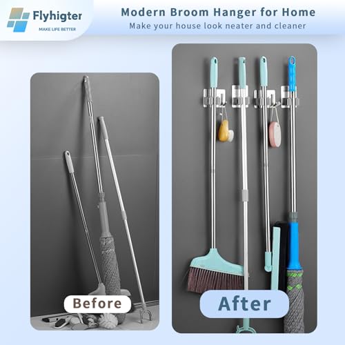 10 Pack Heavy Duty Mop and Broom Holder Wall Mount, No Drill Self Adhesive Stainless Steel Hanger with Hooks, Anti-Slip Tool Organizer for Bathroom, Kitchen, Garage, Laundry Room (10, Silver) - color: Silver-10