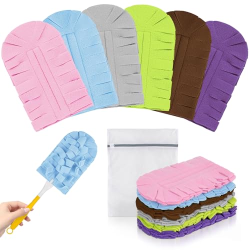 6 PCS Reusable Duster for Swiffer, Washable 360 Fleece Duster Refills for Fans, Floors, Blinds, Windows (Include 1 Handle & Laundry Bag) - color: Light Blue,pink,purple,green,gray,dark Brown