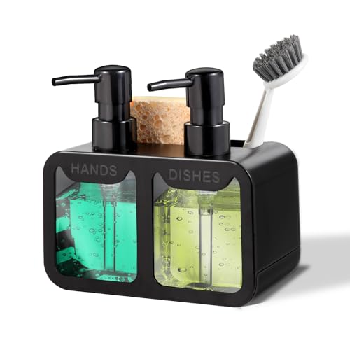 Kitchen Soap Dispenser Set, with Hand and Dish Soap, Sponge Caddy and Brush Holder 4-in-1 Kitchen Dual Soap Dispenser Set for Kitchen Sink, Bathroom - Black - color: Black