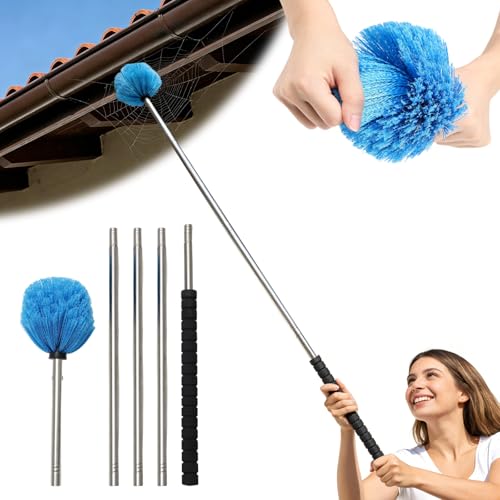 Cobweb Duster Brush with Extension Pole, Lightweight 5ft Long Spider Web Cobwebs Ceiling Fan Dust Cleaning Brush Kit with Washable Head,for Ceiling Fan, Furniture, Eaves,Vent, Roof House Cleaning - size: 5FT