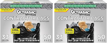 Ultrasac Contractor Trash Bags - (/w Ties) - Heavy Duty 3 MIL Thick,39" x 32",Shorter 33 Gallon Black Version - for Industrial,Commercial,Professional,Construction,Lawn,Leaf,and More,(Pack of 100) - size: 1 Count (Pack of 100)
