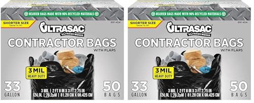 Ultrasac Contractor Trash Bags - (/w Ties) - Heavy Duty 3 MIL Thick,39" x 32",Shorter 33 Gallon Black Version - for Industrial,Commercial,Professional,Construction,Lawn,Leaf,and More,(Pack of 100) - size: 1 Count (Pack of 100)