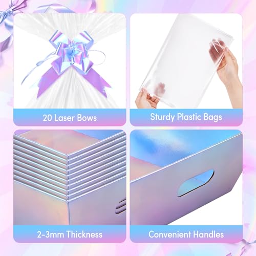 AFOROEOA 20PACK Laser Baskets For Gifts Empty, 12x10x4” Holographic Iridescent Gift Basket Kit with 20 Bows & 20 Bags - Bulk Empty Gift Baskets to Fill for Large Weddings, Parties - color: 20 Laser