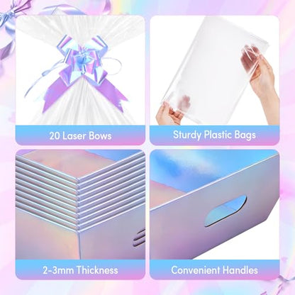 AFOROEOA 20PACK Laser Baskets For Gifts Empty, 12x10x4” Holographic Iridescent Gift Basket Kit with 20 Bows & 20 Bags - Bulk Empty Gift Baskets to Fill for Large Weddings, Parties - color: 20 Laser