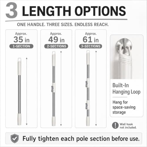 RinseWise Spin Mop Replacement Handle Only, 3-Section Stainless Steel Pole with 35/49/61 in Length Options, Fits All Tsmine FunClean Models, Not Universal, No Mop Head, Base or Bucket - White - color: White
