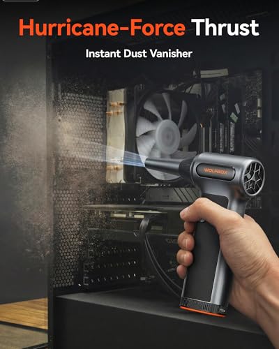WOLFBOX MF200-2PK Compressed Air Duster - 2 Swappable Battery Packs & Case, Hurricane-Force Electric Air Blower for PC, Car Detailing, Camping & Home, High-Pressure Duster for Narrow Gaps & Crevices