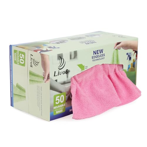 LIVOS 50 Pack Microfiber Cleaning Cloth in Box, Reusable Cleaning Rags, 11.5"x11.5", Edgeless Microfiber Wipes, Lint Free, Absorbent Shop Towels for Kitchen, Car, Glass (Pink) - color: Pink
