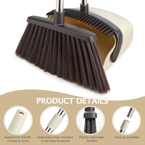 2-Pack Broom and Dustpan Set with Long Handle, Heavy Dust Broom and Dustpan Combo for Home，Kitchen, Office, Pet Hair(Beige) - color: Beige 2-pack