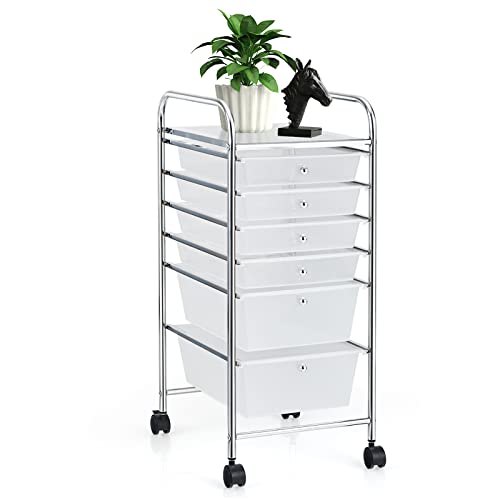 COSTWAY 6-Drawer Rolling Storage Cart, Multifunctional Art Craft Tools Organizer on Wheels, Heavy Duty Utility Mobile Storage Trolley w/ 2 Lockable Wheels for Home Office School (Clear) - color: Clear, size: 6 Drawer