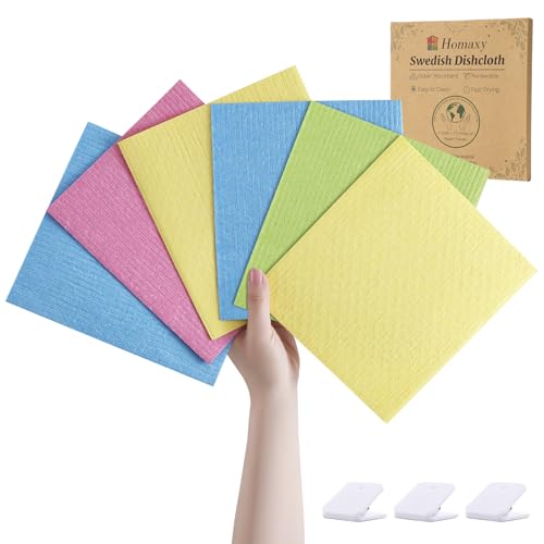 Homaxy Swedish Dishcloths for Kitchen, 6 Pack Reusable Paper Towels with Clips, Absorbent Cellulose Sponge Dish Cloths for Washing Dishes, Non-Scratch & Odor-Free Dish Rags, Multicolor Assorted - color: Solid Color, size: 6 PACK