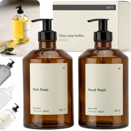 KIVY Glass Soap Dispenser Set [INCL. Waterproof Labels] - Brown Glass Soap Dispenser with Pump - Hand Soap and Dish Soap Set - for Kitchen, Shower & Bathroom (2X 16oz) - color: Brown Glass