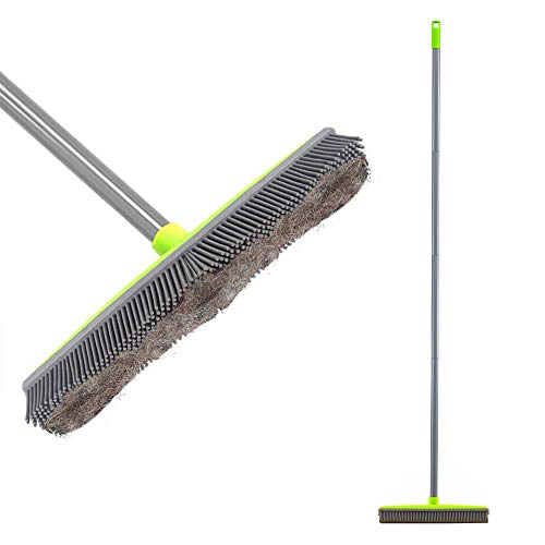 LandHope Push Broom Long Handle Rubber Bristles Sweeper Squeegee Edge 59 inches Non Scratch Bristle Broom for Pet Cat Dog Hair Carpet Hardwood Tile Windows Clean Water Resistant (Multi Segment Handle) - color: Grey-green