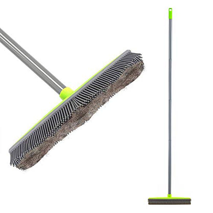 LandHope Push Broom Long Handle Rubber Bristles Sweeper Squeegee Edge 59 inches Non Scratch Bristle Broom for Pet Cat Dog Hair Carpet Hardwood Tile Windows Clean Water Resistant (Multi Segment Handle) - color: Grey-green