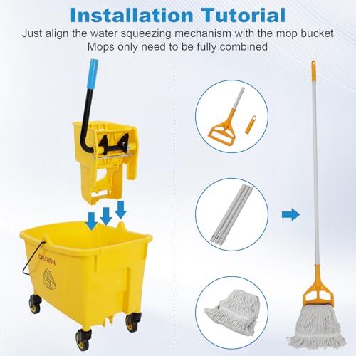 35 Qt Commercial Mop Bucket with Side Press Wringer on Wheels and Mops Set for Floor Cleaning, Industrial Mop and Bucket Set for Home, Restaurant, Shopping Mall,Yellow