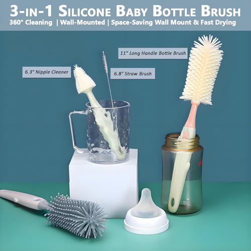 Baby Bottle Brush Set 3-in-1, Silicone Bottle Brush with Wall Mount Holder, 11" Long Handle Bottle Brush + Nipple Brush + Straw Brush Cleaner for Baby Bottles, Cups, Straws – BPA Free (Blue) - color: Blue