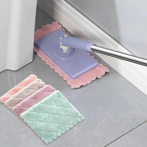 Hands Free Multi Purpose Flat Mop - Lazy Cleaning & Face Towel, Snap Grip MiniMop, Long Handle Dry Wet Use Lazy DustMop for Hardwood & Tile Floor Cleaning (White) - color: White