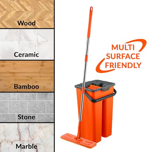 Macromax Flat Mop and Bucket Set with 9 Refills – 100% Microfiber Mop with Dual Wet & Dry Use – Slim Design for Corners & Under Furniture – Easy-Squeeze Bucket for Hardwood, Tile & Laminate Floors - style: Flat Mop set + 9 Refill