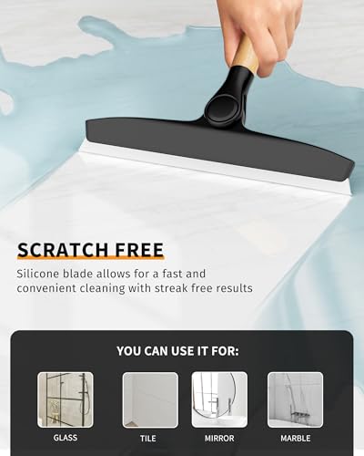 MR.SIGA All Purpose Silicone Squeegee for Shower Door, Mirror, Glass, Streak Free Shower Squeegee, Pivoting Bamboo Handle, Includes 1 Suction Hook, 10 inch Wide, Black, 1 Pack - color: Black