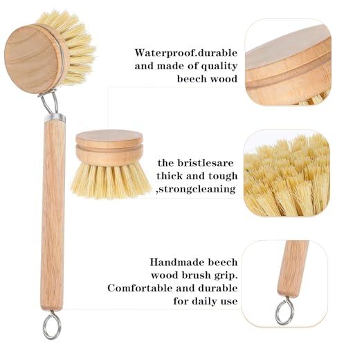 Kifmurase Bamboo Dish Brush with Handle, 10 Pcs Replacement Heads Wooden Kitchen Brush for Dishes, Vegetable Brushes Dish Scrubber for Cleaning Kitchen Room Vegetable Pots and Pans