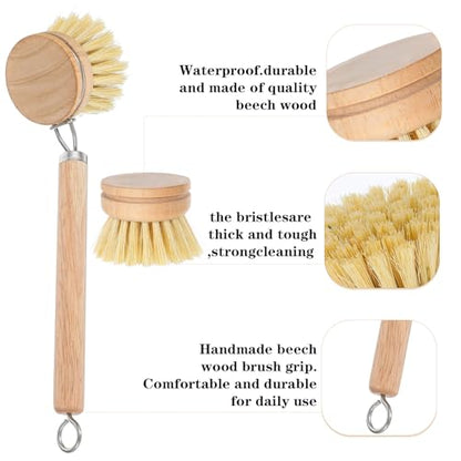 Kifmurase Bamboo Dish Brush with Handle, 10 Pcs Replacement Heads Wooden Kitchen Brush for Dishes, Vegetable Brushes Dish Scrubber for Cleaning Kitchen Room Vegetable Pots and Pans