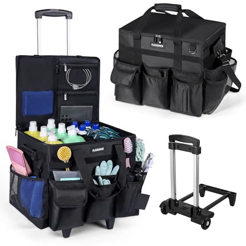 Large Rolling Cleaning Caddy Bag with Wheels, with Detachable Trolley, Cleaning Bags on Wheels for Housekeepers, Cleaning Cart Supplies Organizer for Home, Car, Picnic (Black) - color: Black