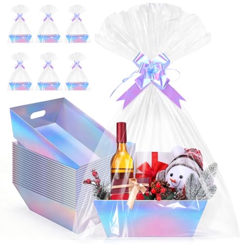 AFOROEOA 20PACK Laser Baskets For Gifts Empty, 12x10x4” Holographic Iridescent Gift Basket Kit with 20 Bows & 20 Bags - Bulk Empty Gift Baskets to Fill for Large Weddings, Parties - color: 20 Laser