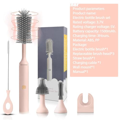 Electric Baby Bottle Brush Set with Rechargeable Electric Bottle Brush Cleaner and Replaceable Silicone Bottle Brushes and Straw Brush Cleaner, Waterproof Multi-Purpose Cleaning Brush(Pink) - color: Pink