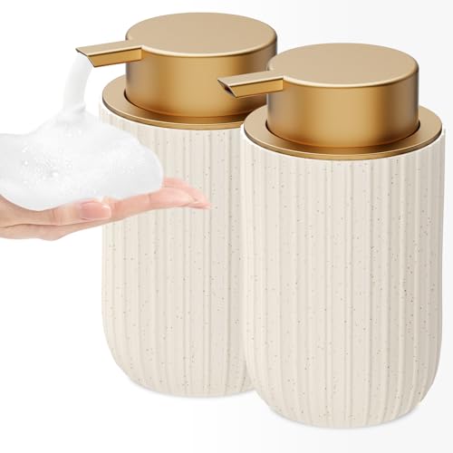 Ceramic Foaming Soap Dispenser, 12 oz Bathroom Foam Hand Soap Dispenser, Refillable Lotion Soap Dispenser with Removable Pump for Kitchen Hand Wash Dispenser, Modern Home Decor(2Pack-Speckled Beige) - color: Beige Gold-2pack