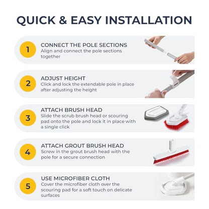 Shower Scrubber with Long Handle, Stiff Bristles Grout-Brush, Tub Scrub-Brush with Long-Handle, Shower-Cleaner Brush, Grout Cleaning Brush for Tile floors, Scouring Pad & Microfiber Cloth for Bathroom - color: White