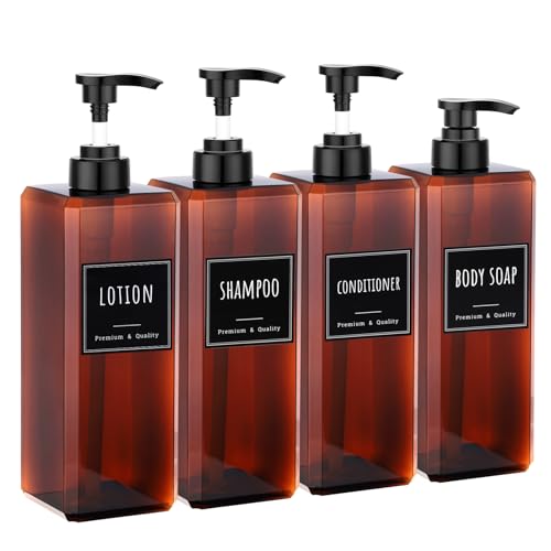Segbeauty 33.8oz Empty Amber Hand Soap Dispensers, 4pcs Large Plastic Lotion Pump Bottle with Labels, Refillable Square Pump Bottles for Shampoo and Conditioner, 1000ml Bathroom Body Wash Container - color: Amber, style: 4pcs