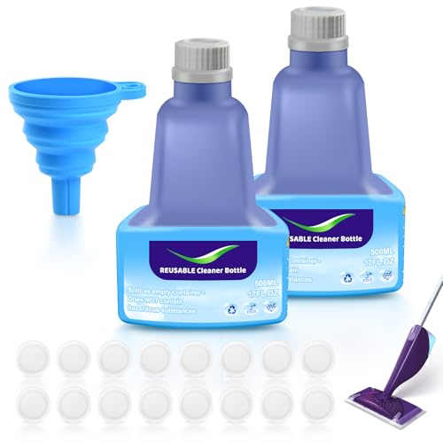 2 Pcs Refillable Replacement Bottles for Swiffer® Wet Jet™ Mop, 500ml /17 oz, Empty, Leak-Proof HDPE Cleaner Solution Refill Bottles with 16 Silicone Gaskets & 1 Foldable Funnel - color: Purple-2p