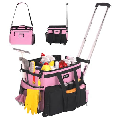 JKAOO Large Rolling Cleaning Caddy Bag with Detachable Trolley, Pink | Waterproof Cleaning Caddy with Wheels, 40L Wheeled Organizer Cart for Supplies, Housekeepers, Home, Office, Car, Picnic - color: Pink