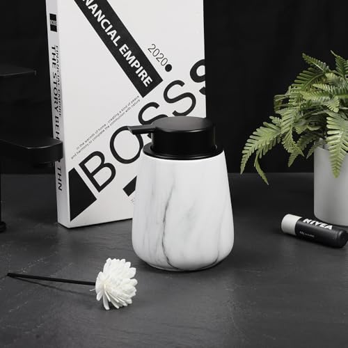 12Oz Ceramic Liquid Soap Dispenser - Modern Lotion Hand Soap Dispenser with Easy-to-Press Black Pump, Reusable and Refillable Dish Soap Dispensers for Bathroom & Kitchen, Marble White - color: Marble White, style: Liquid Pump