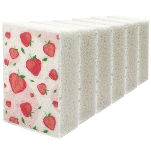 Scratch Scrub Sponge, 6 Kitchen Sponges for Cleaning Around the Home, Bathroom & More, Large Size Scratch-Free Dish Scrubber, Best for Nonstick Pots and Pans (4" x 6" x 1",Strawberry) - color: Strawberry