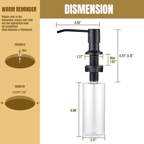Built in Soap Dispenser for Kitchen Sink Countertop, Matte Black Stainless Steel Soap Dispenser Pump Head Refill from the Top with 11 Ounce Transparent Soap Bottle - color: Black