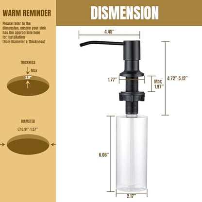 Built in Soap Dispenser for Kitchen Sink Countertop, Matte Black Stainless Steel Soap Dispenser Pump Head Refill from the Top with 11 Ounce Transparent Soap Bottle - color: Black