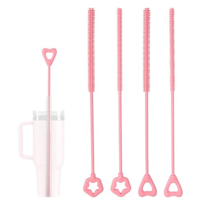 Penitue 4pcs Silicone Straw Cleaner Brush, 6mm/0.24in + 9mm/0.35in Reusable Extra-Long Cleaning Brush for 8mm/0.31in and 10mm/0.39in Metal & Glass Drinking Straws Dishwasher Safe (Pink, Star & Heart)