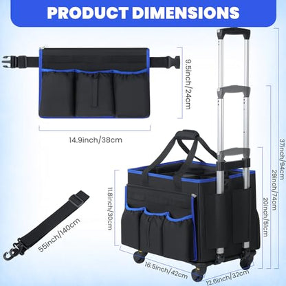 Large Rolling Cleaning Caddy Bag with Detachable Trolley, Cleaning Supplies Organizer Caddy on Wheels with Multi-pocket & Waist Pouch, Water Resistant Cleaning Cart with Shoulder Strap for Housekeeper