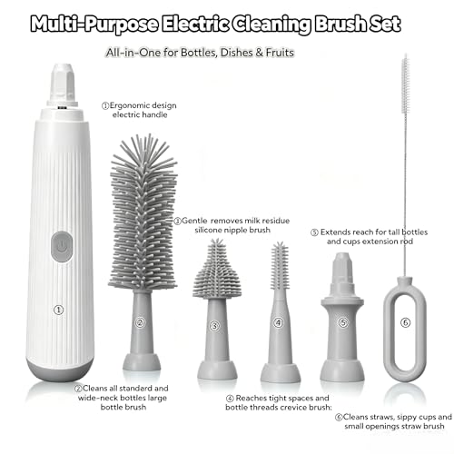 Electric Bottle Brush Set, 6-in-1 Electric Cleaning Brush with Waterproof Silicone Cleaner, 3 Replaceable Brush Heads, Straw Brush & Extension Rod, for Baby Feeding Supplies and Kitchen Utensils - color: Light Grey