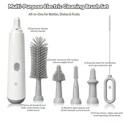 Electric Bottle Brush Set, 6-in-1 Electric Cleaning Brush with Waterproof Silicone Cleaner, 3 Replaceable Brush Heads, Straw Brush & Extension Rod, for Baby Feeding Supplies and Kitchen Utensils - color: Light Grey
