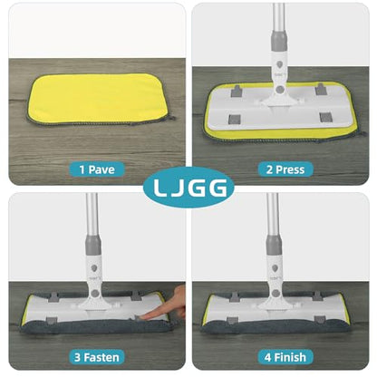 Reusable Microfiber Flat Mop for Floor Cleaning, 10.8 in (27.5 cm) Aluminum Base with 52 in Aluminum Handle, Includes 4 Washable Pads for Wet & Dry Use – LJGG (Gray/Yellow) - size: 10.8" Head, 52" Handle