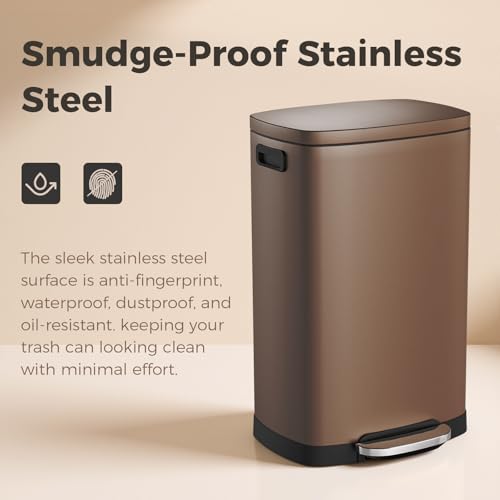 ELPHECO LPHECO Kitchen Trash Can with Lid Soft Close, 13 Gallon / 50L Stainless Steel Pedal Garbage Can, Heavy-Duty Step Wastebasket with 20 Bags, Removable Bucket, Home Office, Kitchen, Brown - color: Brown
