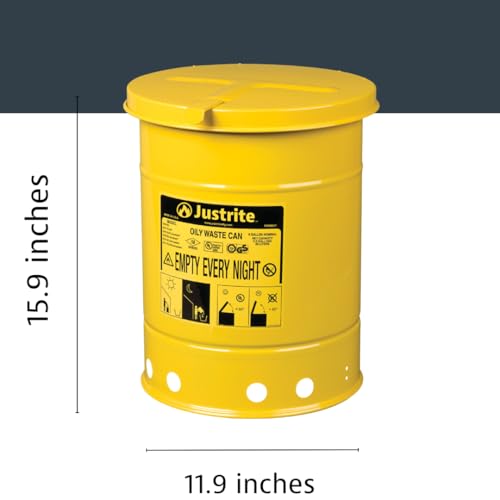 Justrite 6 Gallon Galvanized Steel Oily Waste Can, 16" x 12" Metal Oil Rag Safety Can with Hand Operated Self-Closing Lid for Oil Rag Disposal, Made in The USA, Yellow, 09111 - color: Yellow, size: 6 Gallon, style: Hand-Operated Lid