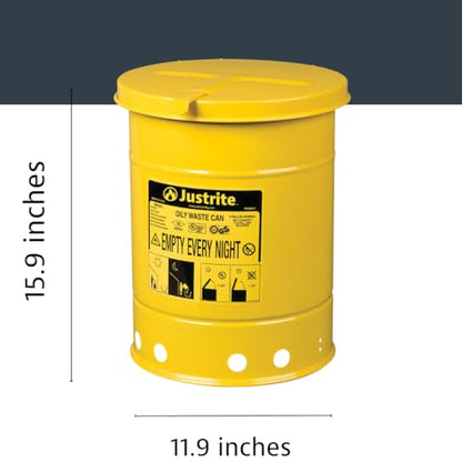 Justrite 6 Gallon Galvanized Steel Oily Waste Can, 16" x 12" Metal Oil Rag Safety Can with Hand Operated Self-Closing Lid for Oil Rag Disposal, Made in The USA, Yellow, 09111 - color: Yellow, size: 6 Gallon, style: Hand-Operated Lid