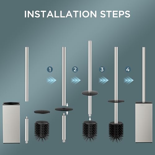 FORIOUS Toilet Brush and Holder Set, SUS304 Stainless Steel Square Base, Extended Long Handle, Drip-Proof & Space Saving, 2 Replaceable Brush Heads, Plastic & Silicone Dual Brush Head, Brushed Nickel - color: Brushed Nickel