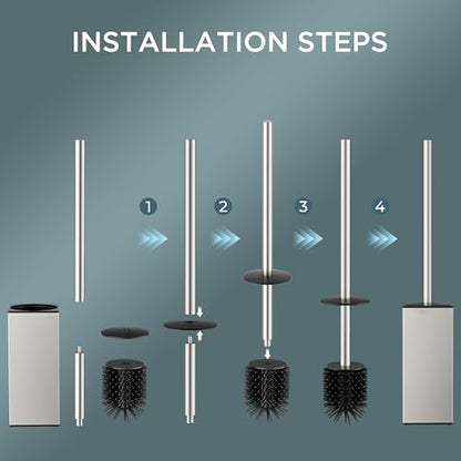FORIOUS Toilet Brush and Holder Set, SUS304 Stainless Steel Square Base, Extended Long Handle, Drip-Proof & Space Saving, 2 Replaceable Brush Heads, Plastic & Silicone Dual Brush Head, Brushed Nickel - color: Brushed Nickel