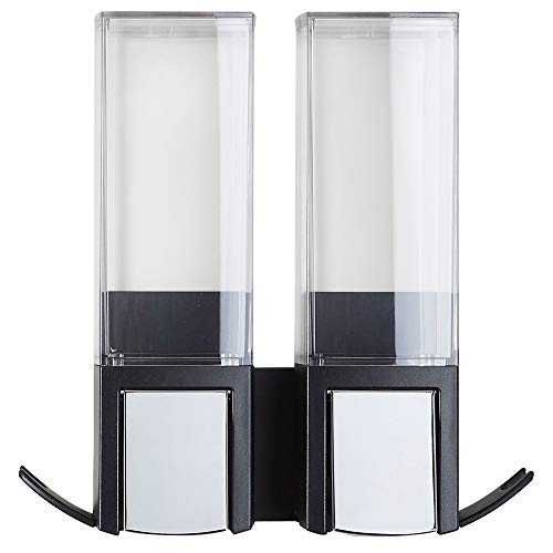 Better Living Clever Double Shower Dispenser 2 Chamber, Wall Mount Shower Soap Dispenser for Bathroom Hotel Body Wash, Storage Hooks, No Drill, Waterproof Shampoo Soap Dispenser, 2 x 17 oz, Black - color: Black/Chrome, style: Double Dispenser