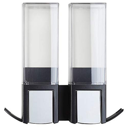 Better Living Clever Double Shower Dispenser 2 Chamber, Wall Mount Shower Soap Dispenser for Bathroom Hotel Body Wash, Storage Hooks, No Drill, Waterproof Shampoo Soap Dispenser, 2 x 17 oz, Black - color: Black/Chrome, style: Double Dispenser